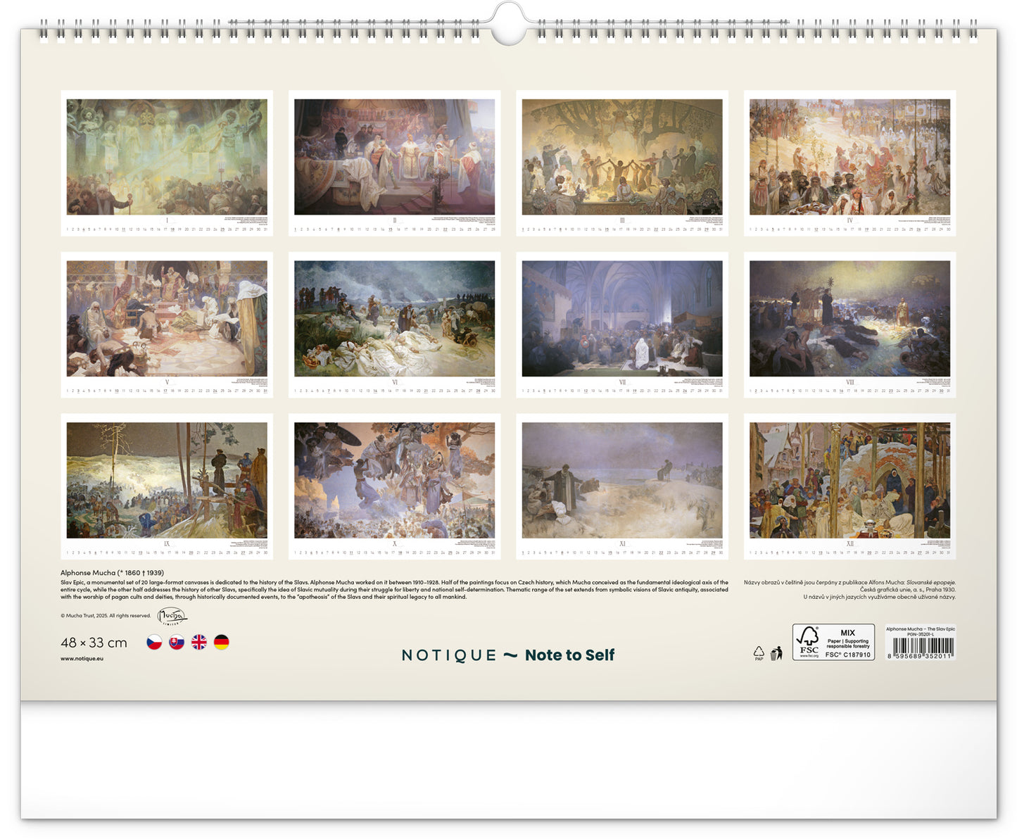Nástenný kalendár Slovanská epopej – Alfons Mucha 2026, 48 x 33 cm