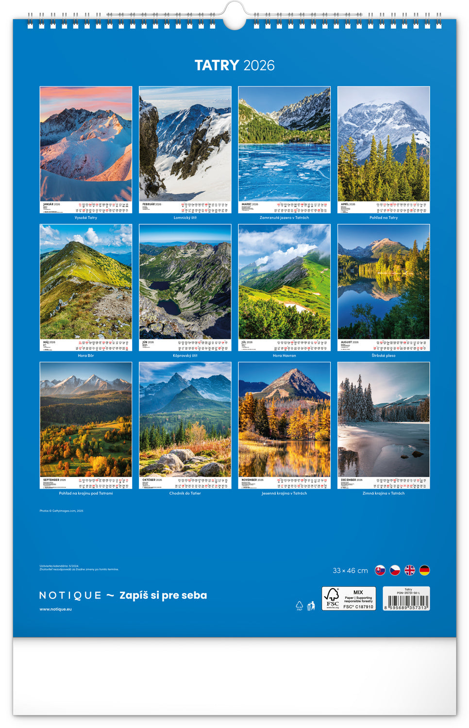 Nástenný kalendár Tatry 2026, 33 x 46 cm