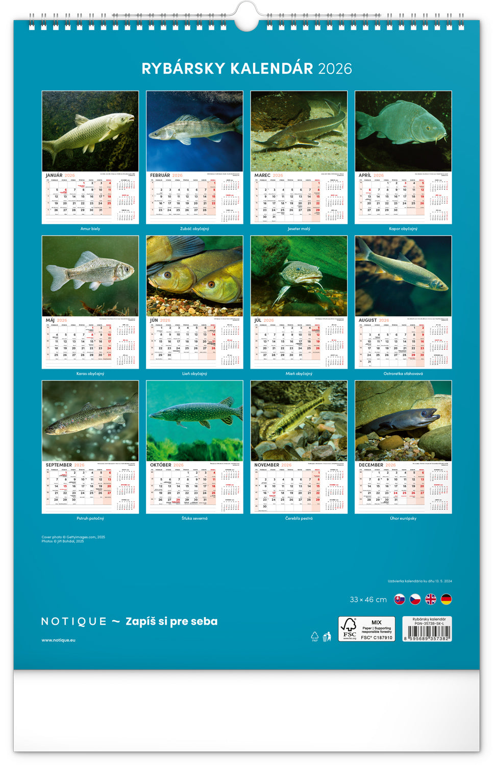 Nástenný kalendár Rybársky 2026, 33 x 46 cm