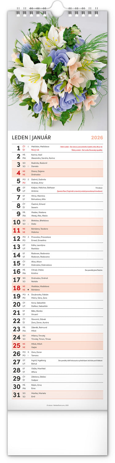 Nástenný kalendár Květiny – Kvety CZ/SK 2026, 12 x 48 cm