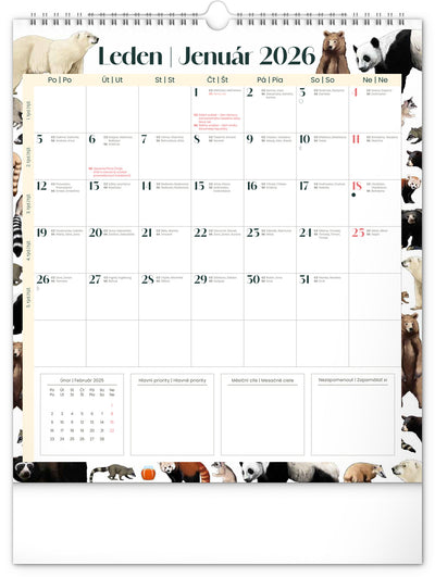 Nástenný plánovací kalendár Animalium CZ/SK 2026, 30 x 34 cm
