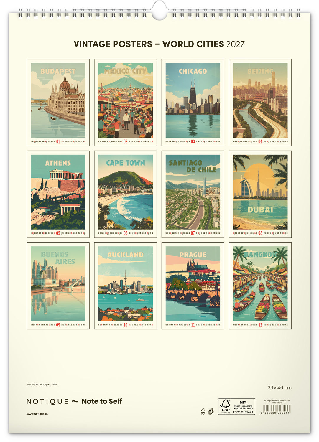 Nástenný kalendár Vintage plagáty – svetové mestá 2027, 33 x 46 cm