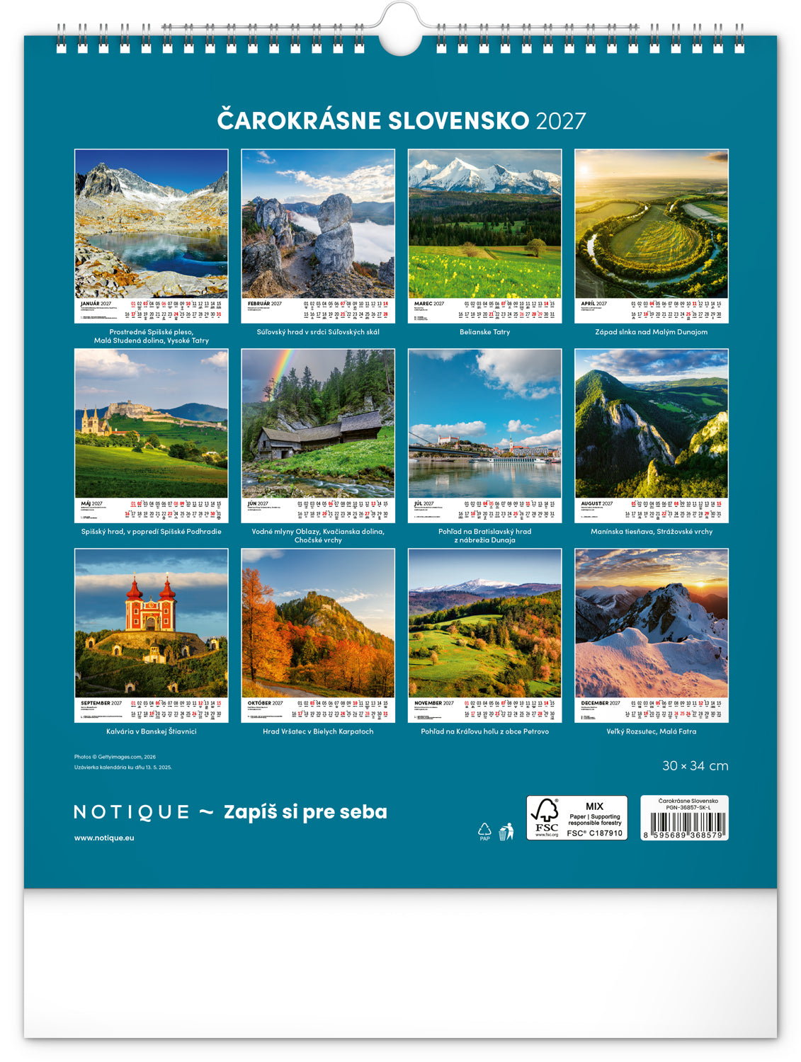 Nástenný kalendár Čarokrásne Slovensko 2027, 30 x 34 cm