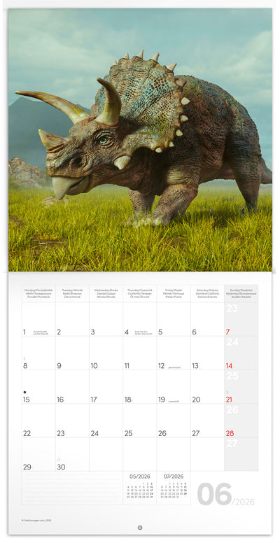 Poznámkový kalendár Dinosaury 2026, 30 x 30 cm