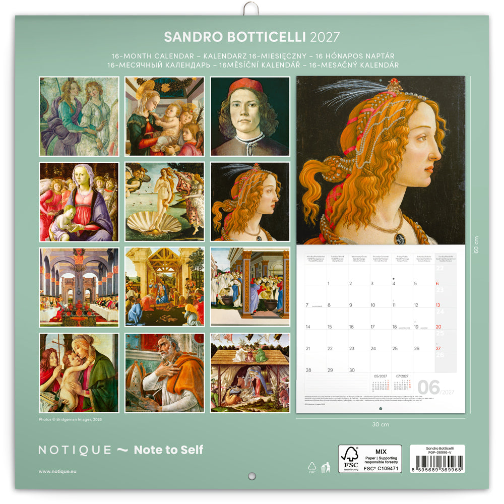 Poznámkový kalendár Sandro Botticelli 2027, 30 x 30 cm