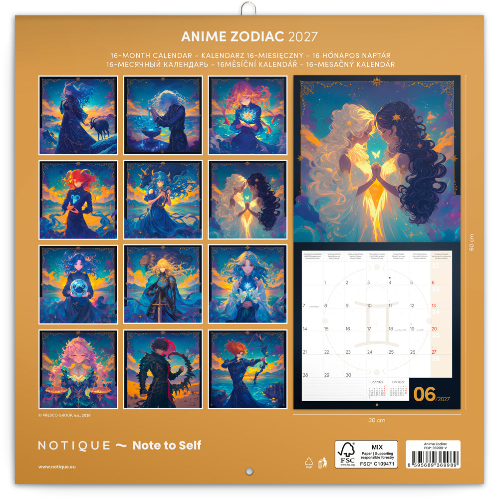 Poznámkový kalendár Anime Zodiac 2027, 30 x 30 cm