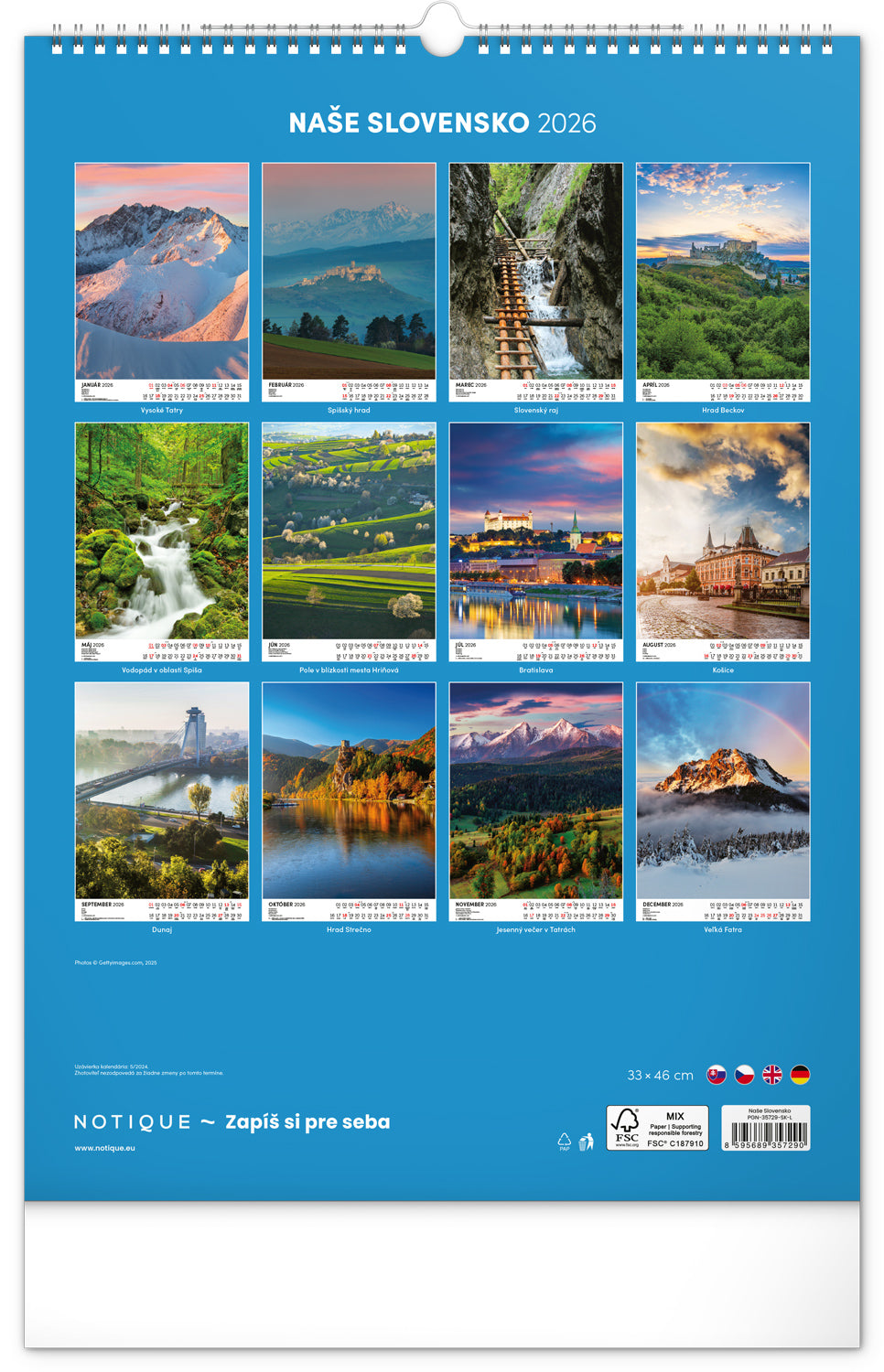 Nástenný kalendár Naše Slovensko 2026, 33 x 46 cm