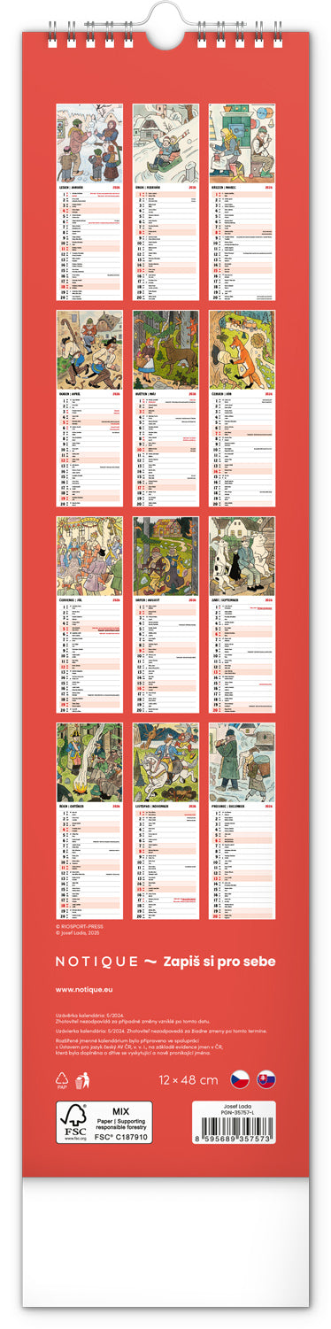 Nástenný kalendár Josef Lada CZ/SK 2026, 12 x 48 cm
