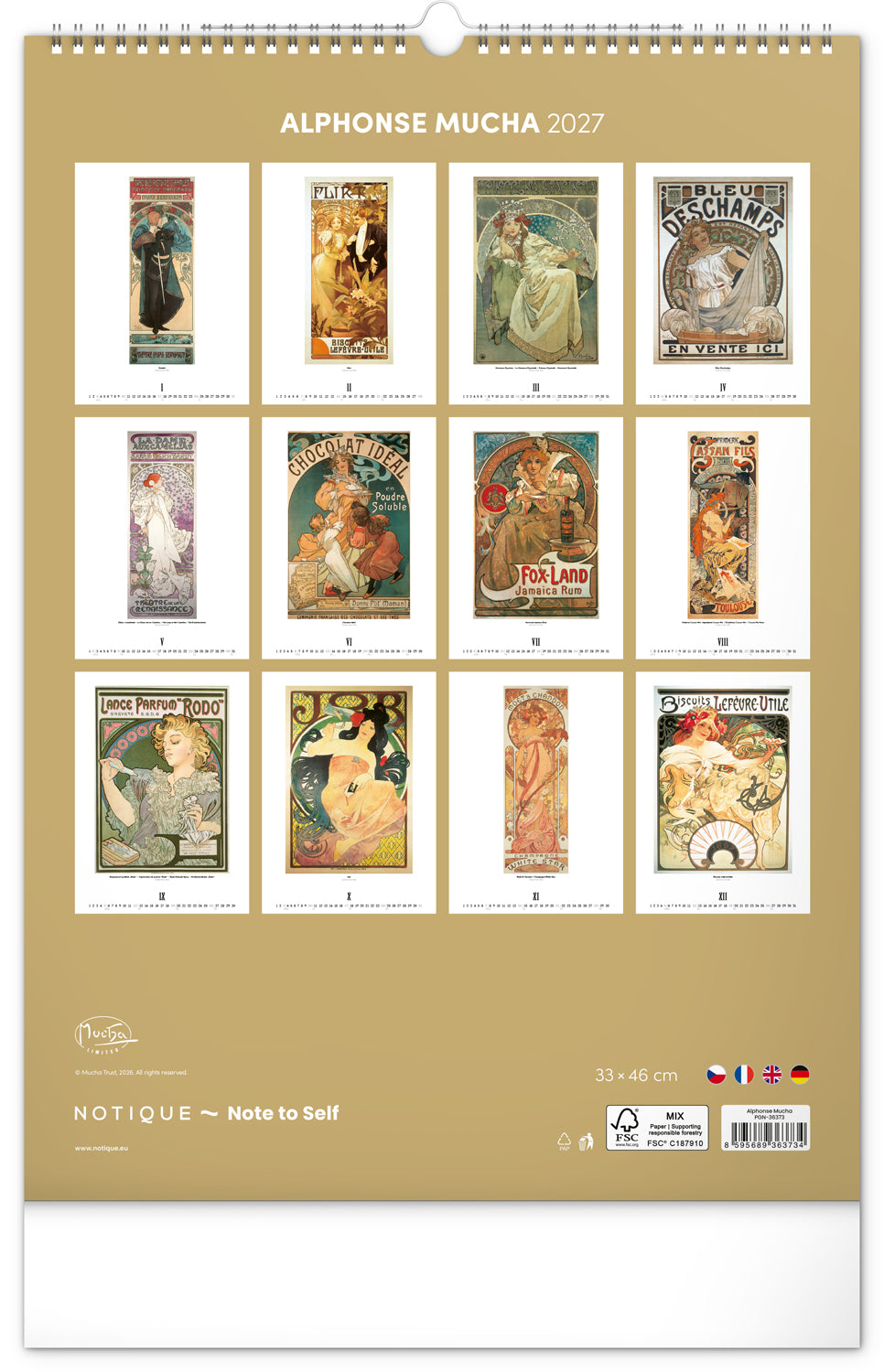 Nástenný kalendár Alfons Mucha 2027, 33 x 46 cm