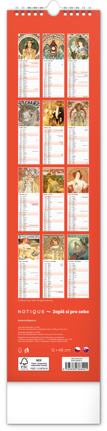 Nástenný kalendár Alfons Mucha CZ/SK 2027, 12 x 48 cm