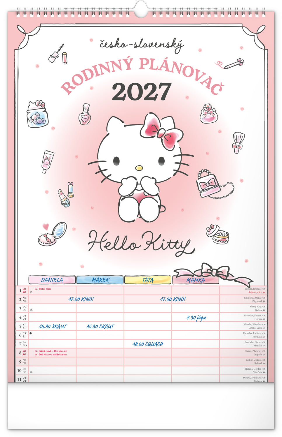Nástenný kalendár Rodinný plánovací Hello Kitty CZ/SK 2027, 33 x 46 cm